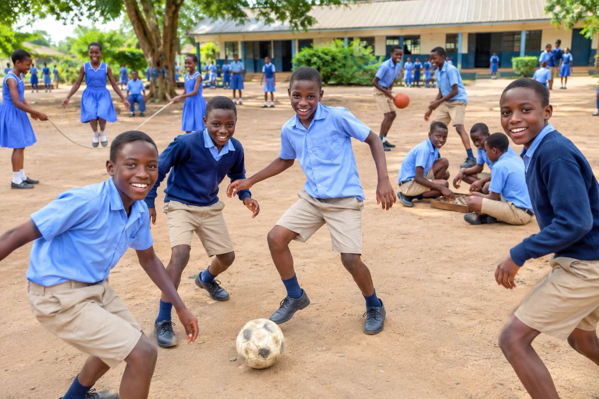 Pupils in school uniform playing football, skipping and draughts in their school yard